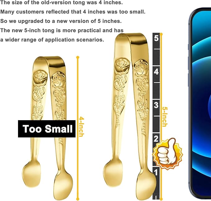 6PCS Mini Serving Tongs 5-Inch Small Rose Sugar Cube Appetizer Tongs, Tiny Metal Tong for Tea Party, Coffee Bar, Desserts (Gold)