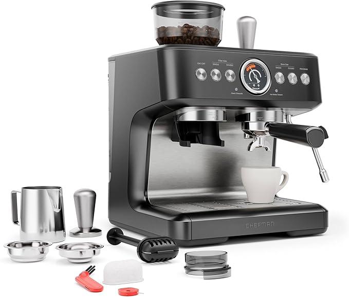 Chefman Crema Deluxe Espresso Machine with Double Boiler, Use Milk Frother and Brew Espresso Simultaneously, Professional Coffee Maker with Coffee Grinder and Steam Wand, 30 Grind Settings