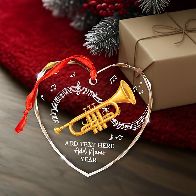 Personalized Text Name Year Trumpet Xmas Glass Ornaments, Trumpet Instrument Christmas Tree Ornament 2025, Trumpetist Christmas Ornament Gift for Men Women, Instrument Themed Xmas Decoration