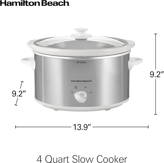 Hamilton Beach 4-Quart Slow Cooker with 3 Cooking Settings, Dishwasher-Safe Stoneware Crock & Glass Lid, Stainless Steel (33140G)