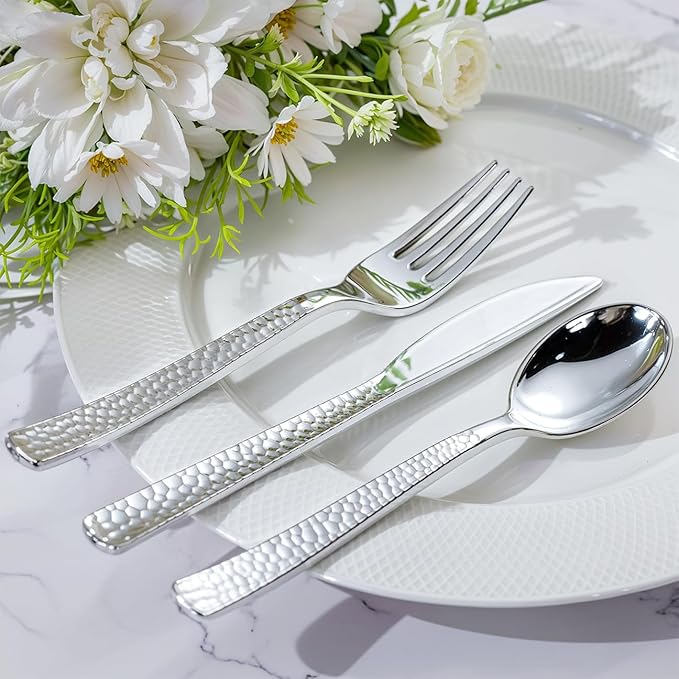 WELLIFE 300PCS Silver Plastic Silverware,Pre Rolled Silverware Set Disposable,Hammer Pattern Design,Disposable Cutlery Includes: 75 Forks, 75 Knives, 75 Spoons, 75 Napkins