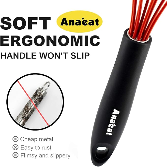 Anaeat Silicone Kitchen Whisk Set of 4, Perfect for Non-Stick Cookware, Milk and Egg Beater Blender for Whisking, Cooking, Baking, Beating - 11'' Flat Whisk and 8.5''+10.5''+12'' Balloon Whisks (Red)