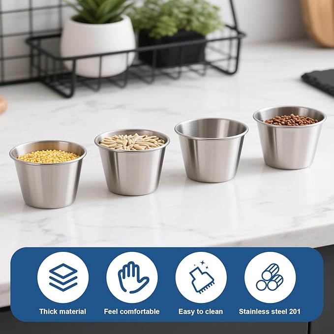 50 Pcs 2.5oz Metal Ramekins Stainless Steel Sauce Dipping Cups Ramekins Bulk Sauce Container Round Dipping Bowls Condiment Cup for Dish Butter Kitchen Restaurant Serving Party Dinner Cooking