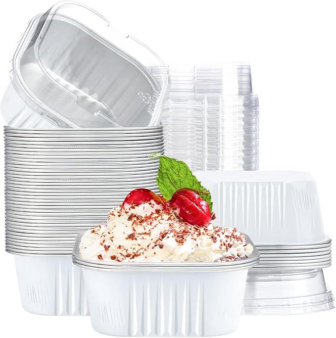 EUSOAR Disposable Ramekins with Lids, White 10oz 50pcs Creme Brulee Ramekins, Aluminum Foil Baking Cups, Square Cupcake Pans, Mini Cake loaf Bread Containers
