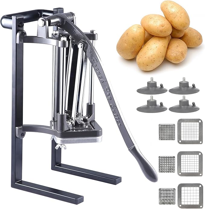 French Fry Cutter Commercial Grade Potato Slicer with Stand Suction Feet Complete Set, Includes 1/4", 3/8", 1/2", 2 Pieces L Stand