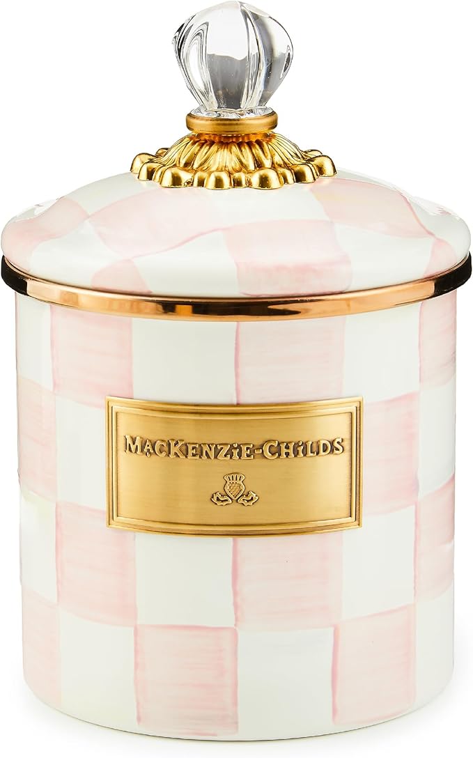 MACKENZIE-CHILDS Small Enamel Canister, Kitchen Storage Container for Flour and Sugar, 38 Ounces, Pink-and-White Rosy Check