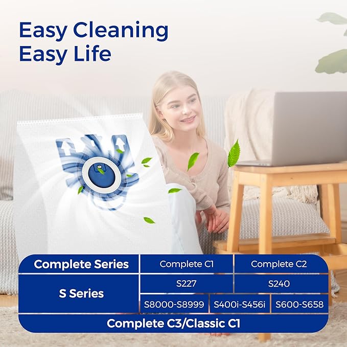 Vacuum Cleaner Bags Fit for Miele Classic C1 Complete C1 C2 C3 S227 S240 S270 S400 S2 S5 S8 Series, Include 15 Packs 3D Efficiency Airclean Bags with 3 Motor Protection Filters and 3 AirClean Filters