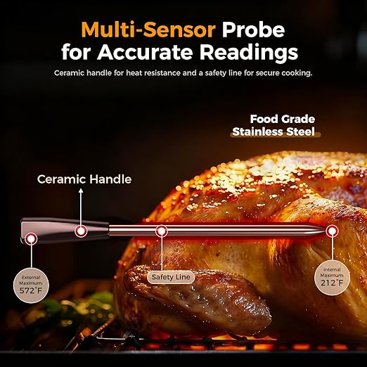 Smart Wireless Meat Thermometer,Digital Cooking Thermometer with Dual High-Accuracy Sensors, Ceramic Heat-Resistant Probe, Instant Read LCD & App Control for Kitchen,BBQ,Oven,Grill,Air Fryer,Red