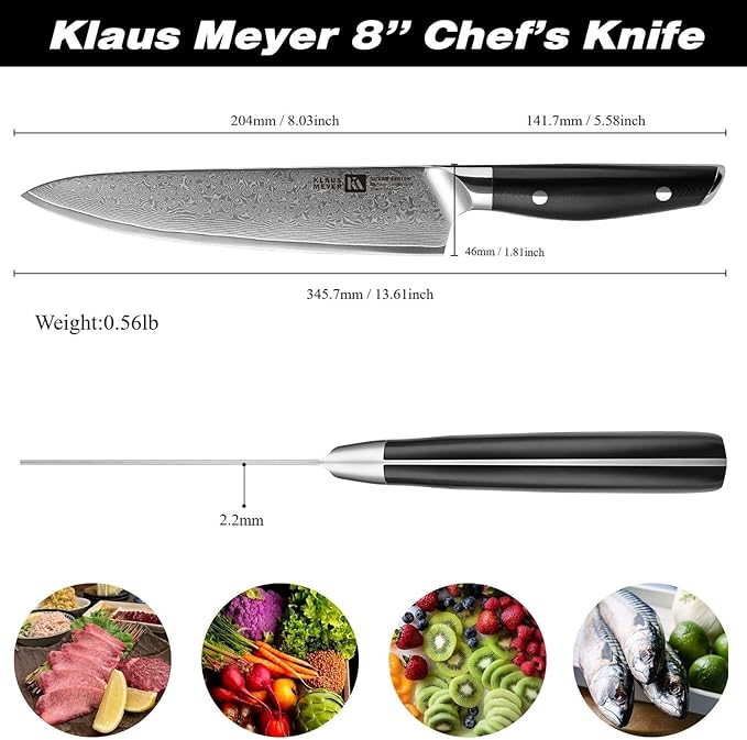 Klaus Meyer Luxor 8 Inch Chef Knife, Damascus Kitchen Knife, VG10 High Carbon Stainless Steel Japanese Chefs Knife with Wood Sheath