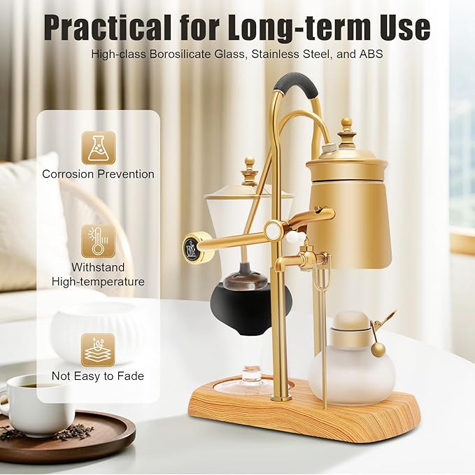 Siphon Coffee Maker, 400ml/13.53oz Manual Extract Coffee and Brew Tea Tool, Belgian/Belgium Retro Coffee Brewer with Alcohol Burner, Commercial/Domestic Balance Vacuum Coffee Pot, 9.3*4.7*14.96in Gold