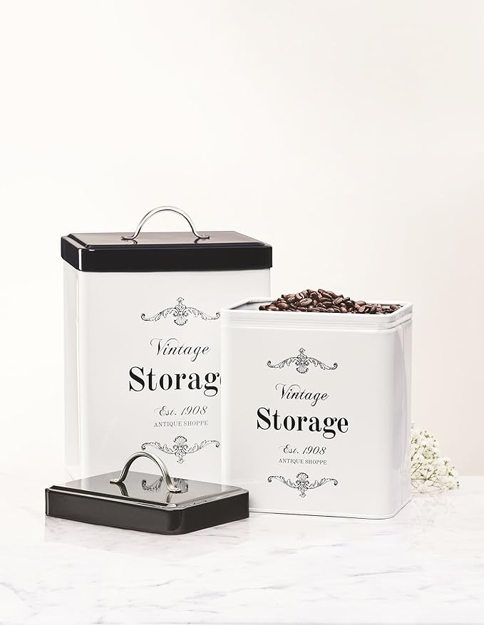 Amici Home Antique Shoppe Metal Canister | Dry Food Storage Container | Push Top Lid | 208 Ounce Capacity | Vintage Square Canister for Kitchen Countertop