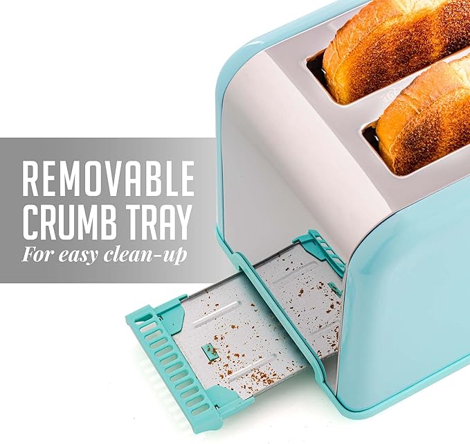 OVENTE Electric 2 Slice Toaster Machine with 6-Shade Browning Selector Setting, Cancel, Defrost, Bagel Buttons, Removable Crumb Tray and Extra Wide Slots for Toasting Breads & More, Turquoise TS2450T