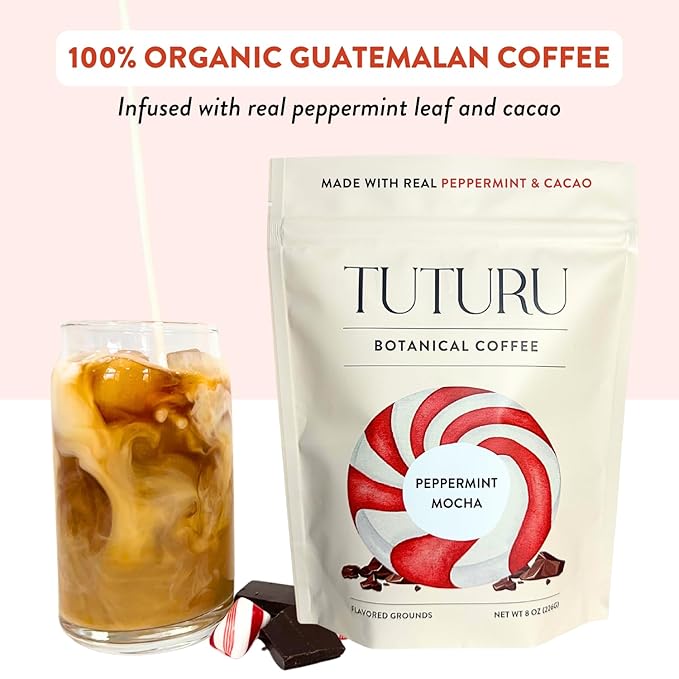 Organic Peppermint Mocha Ground Coffee - Real Peppermint & Cacao - Medium Roast, Flavored Coffee - Smooth Low-Acid - Perfect for Drip, Pour Over or Cold Brew - 8 oz, 22 Servings