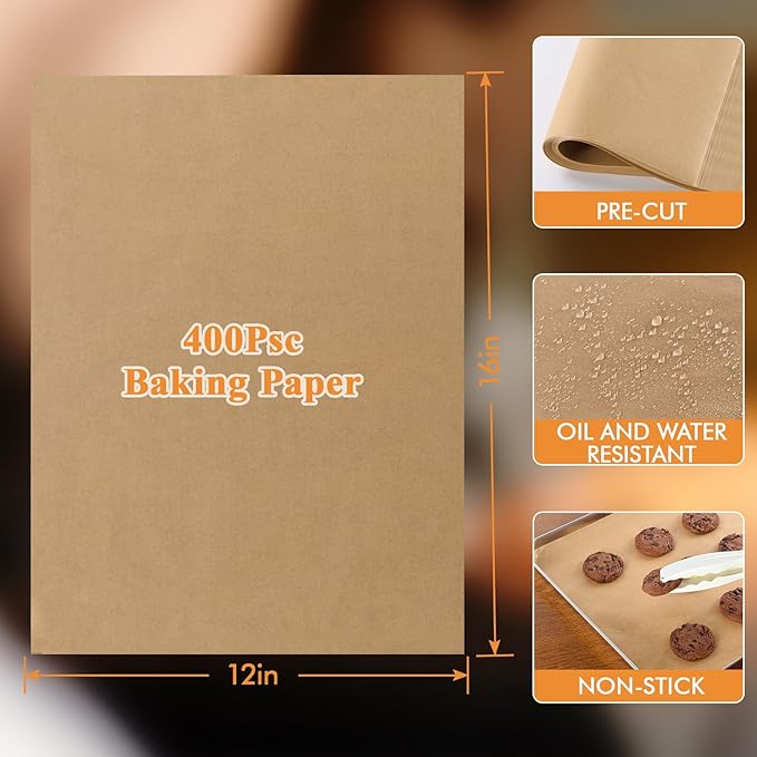 MUCHII 400 Pcs Unbleached Parchment Paper Sheets, 12 x 16 Inch Precut Non-Stick Parchment Sheets for Baking, Cooking, Grilling, Air Fryer, and Steaming