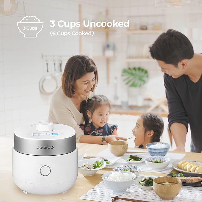 CUCKOO Twin Pressure Rice Cooker 3-Cup Uncooked / 6-Cup Cooked with Induction Heating Technology, 15 Menu Modes with Voice Guide, Small Rice Maker Multi-Cooker & Pressure Cooker (CRP-MHTR0309FW)