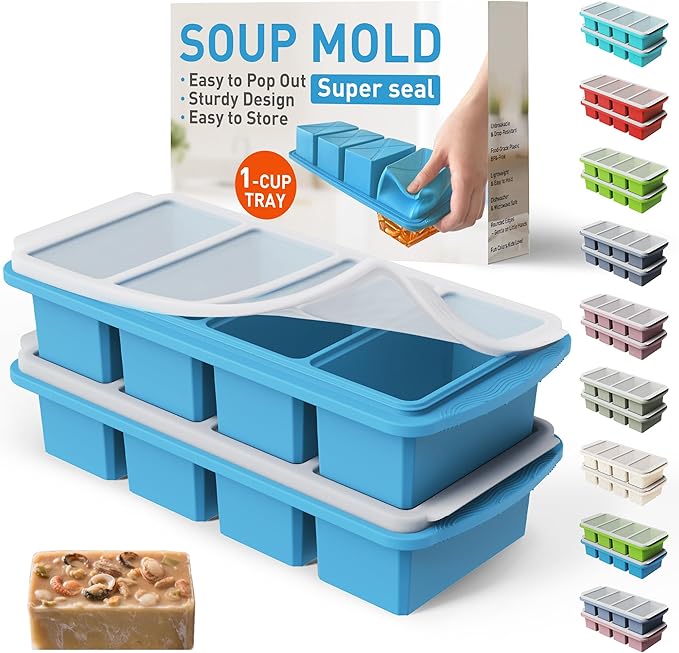 Silicone Freezer Tray with Lid Soup Freezer Container Molds with Steel Reinforced Rim for Freezing Soup Sauce Broth Leftovers large Ice Cube Molds Oven Dishwasher Safe Ice Trays for Freezer with Bin