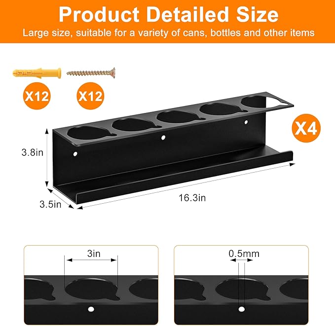Spray Can Holder Organizer, 4 Pack Bottle Holder Wall-Mounted, Black Steel Spray Paint Can Rack Organizer for Garage, Shop, Home & Workspace