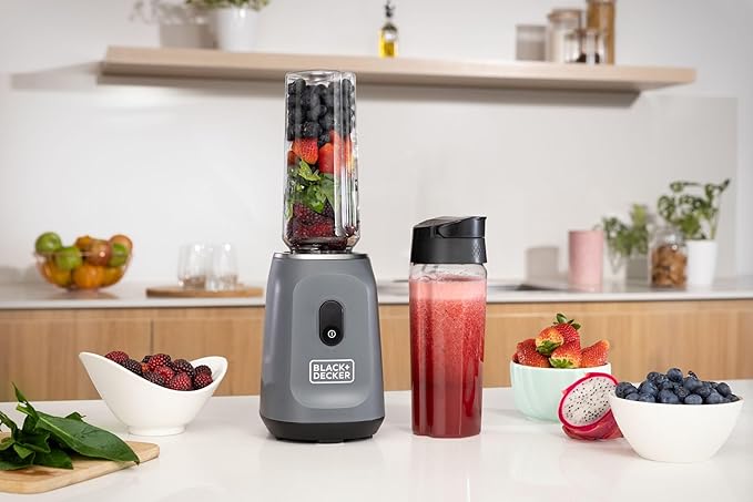 BLACK+DECKER® Ice Crush Single Serve Blender with Pulse/ON Button, Base, Two 20oz Personal Blender Jars, Blade Assembly, Travel Lid, Gray