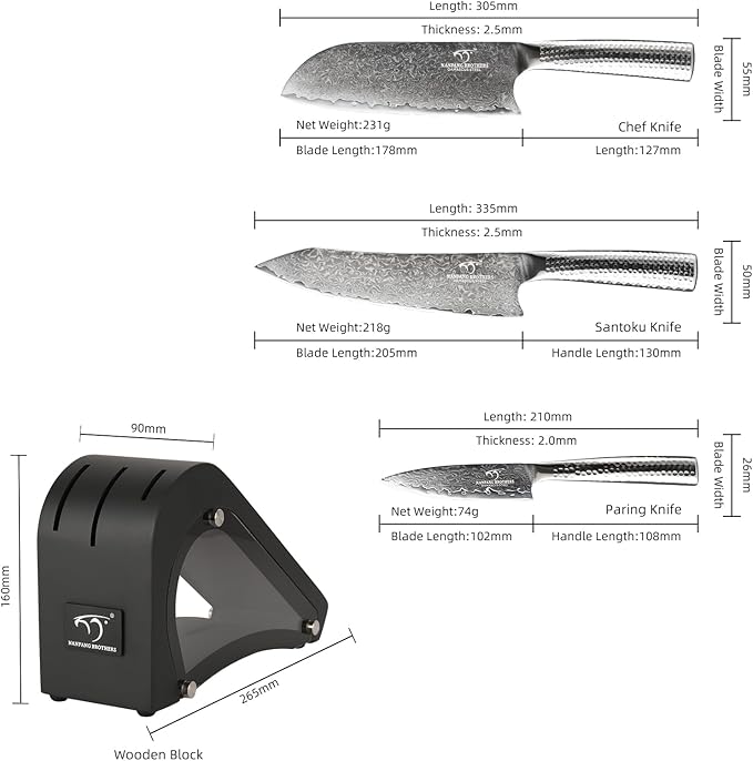 Damascus Kitchen Knife Set with Block, 4 Pieces Knife Block Set with Hammered Patterns Ergonomic Handles, 67 Layer Handmade Damascus VG10 Steel Core NF-D0519T-4B