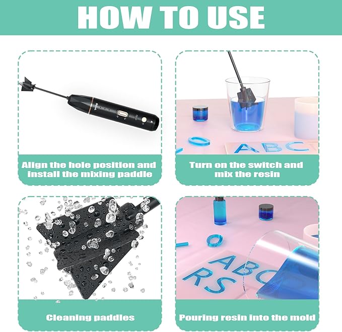Upgraded Resin Mixer, Handheld Rechargeable Mixer with Minimizing Bubbles,Epoxy Resin Mixer for Resin, Silicone Mixing, Resin Molds, DIY Crafts (Included 4 pcs Paddles) (Black)