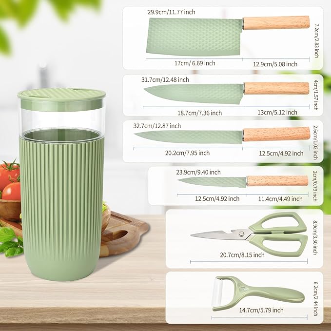 Knife Set, 7-Piece Kitchen Knife Set with Sharp Chef and Meat Knives, Anti-Rust Utility Knives Set for Kitchen, Kitchen Knife Block Set （Green）