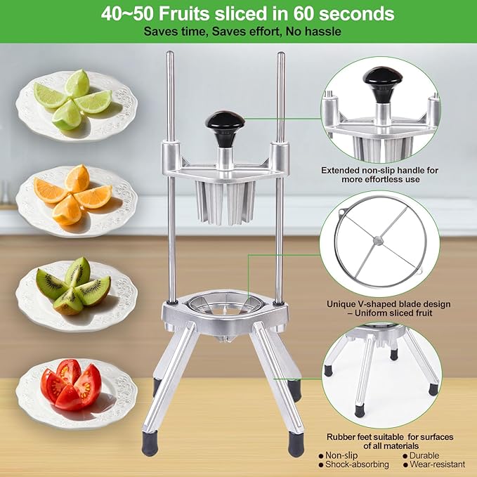 Commercial Lemon Cutter 4-Section with V-Shaped 420 Stainless Steel Blades，Easy Wedger Stainless Steel Blade Fruit Lime Slicer NSF Certified Easy-to-Use for Bar Restauran
