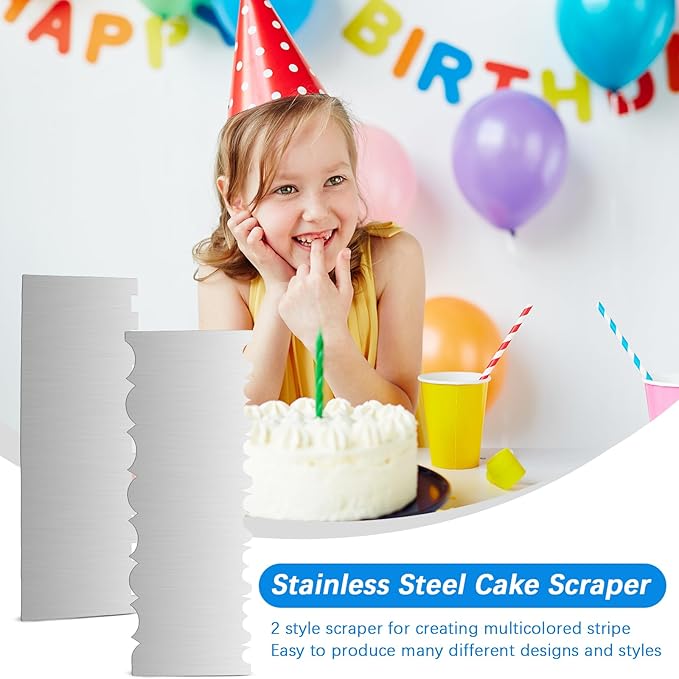 4 Pieces Stainless Steel Cake Scraper 10 Inch and Sided Patterned Edge Stripe Edge Smoother Scraper Cake Decorating Comb Cake Pastry Cutter for Mousse Butter Cream Cake Decoration