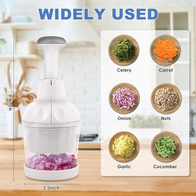 Vegetable Chopper, Food Chopper Manual Hand, Onion, Salad, Garlic, Nut & Veggie Cutter, Dishwasher Safe, White