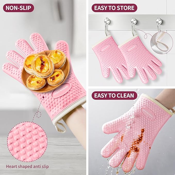 MAD SHARK Silicone Oven Mitts Heat Resistant 450 Degrees,Waterproof & Non-Slip Oven Gloves with Fingers,Cotton Lined Silicone Oven Gloves Kitchen Mitts for Baking Cooking Barbecue,Women (Pink)