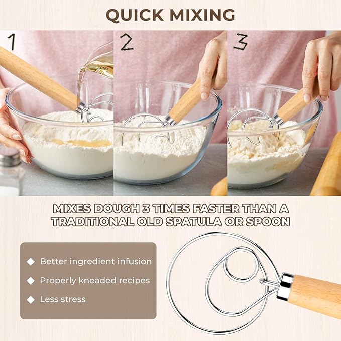 Danish Dough Whisk Bread Mixer，2 Pack Premium Stainless Steel Dutch Whisk With a Dough Scraper for Bread, Pastry or Pizza Dough - Perfect Baking