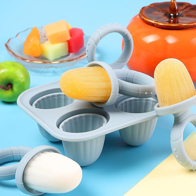 Silicone Baby Ice Pop Molds with Easy-Grip Handles, 4-Cavity Frozen Treat Tray for Toddlers, Mini Popsicle Maker for Teething Relief, Fruit Puree & Breastmilk Snacks (Beige)