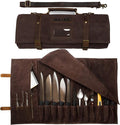 Asaya Waxed Canvas Knife Roll - 15 Knife Slots, Card Holder and Large Zippered Pocket - Genuine Leather, Cloth and Brass Buckles - for Chefs and Culinary Students - Knives Not Included