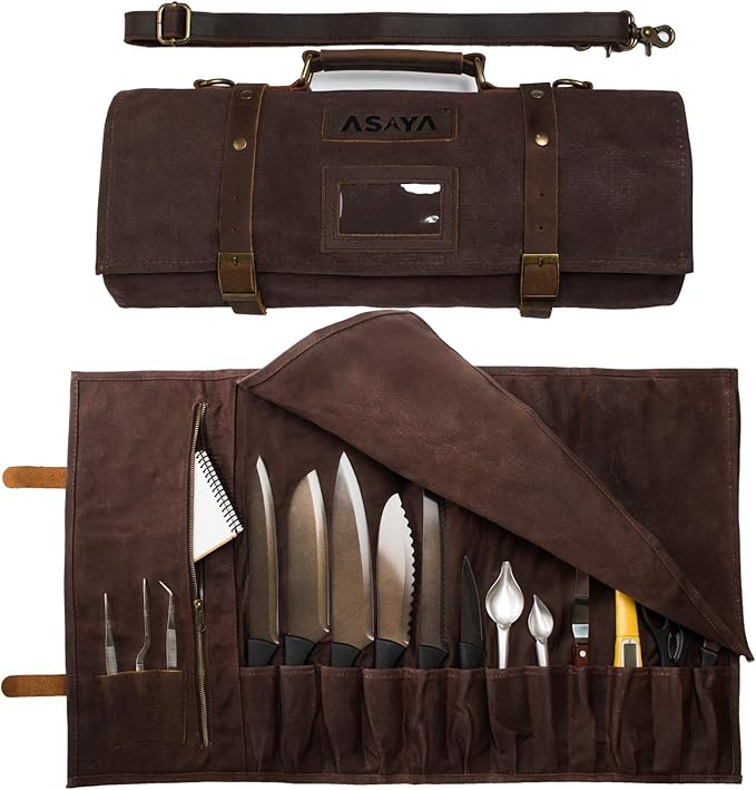 Asaya Waxed Canvas Knife Roll - 15 Knife Slots, Card Holder and Large Zippered Pocket - Genuine Leather, Cloth and Brass Buckles - for Chefs and Culinary Students - Knives Not Included