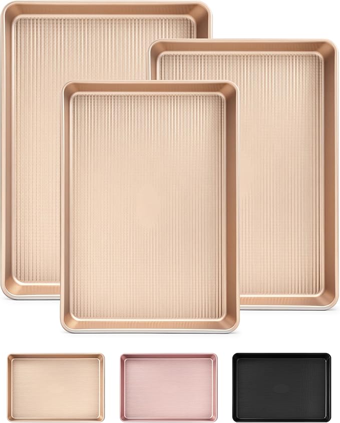 Saker nonstick baking sheet pan set,Multi-Use Non-Stick Baking Pan Set, Stackable Carbon Steel Cookie Sheets for Even Baking, Roasting & Meal Prep, Oven Safe & Easy Clean (Champagne Gold)