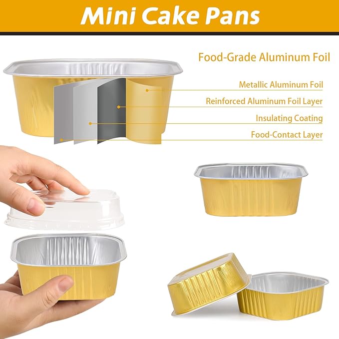 200 Pack 10 oz Gold Mini Aluminum Cake Pans with Lids and Spoons, Disposable Square Baking Cups, Oven Safe Foil Ramekins for Individual Desserts, Cupcakes, Cheesecakes Ramekins Muffin