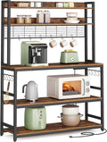 VASAGLE Hutch Bakers Rack with Power Outlet, 14 Hooks Microwave Stand, Adjustable Coffee Bar with Metal Wire Panel, Kitchen Storage Shelf, 15.7 x 39.4 x 66.9 Inches, Rustic Brown and Black UKKS038B01