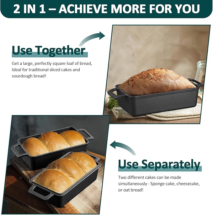 Leonyo 2-in-1 Cast Iron Bread Pan with Lid, Enameled Cast Iron Loaf Pan, 9 x 6 inch Sourdough Baking Pan, Homemade Bread Dutch Oven for Pound Cake, Lasagna, Up to 500℉ & Blackish Green