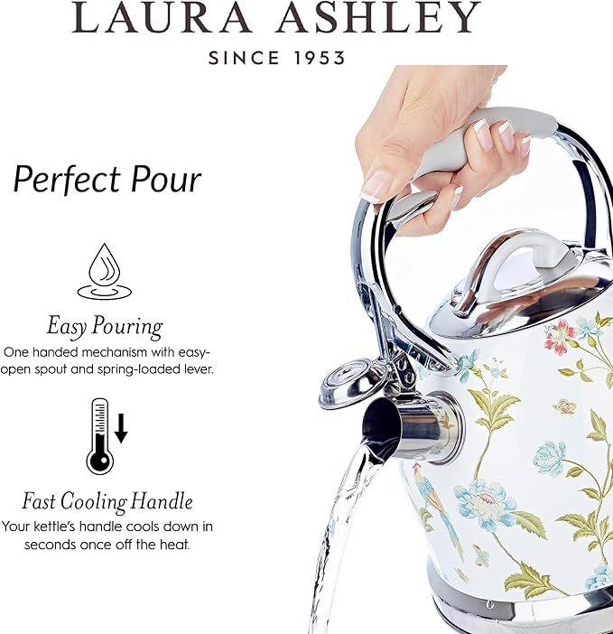 VQ Laura Ashley Elveden White 2.5L Stainless Steel Tea Kettle Stovetop Whistling Teapot for Induction, Gas Hob or others. Silicon Coated Cool Handle & Push Button Mechanism Vintage Stove Top Kettle