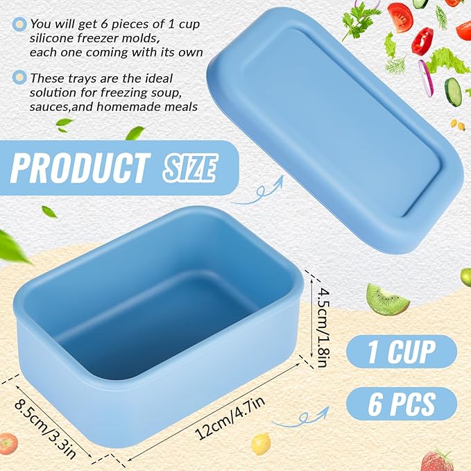 6 Packs 1 Cup Silicone Soup Freezer Molds with Lid Silicone Soup Freezer Trays Rectangle Reusable Food Preserving Tray Freezing Sauces Stews(Dark Blue, Gray)