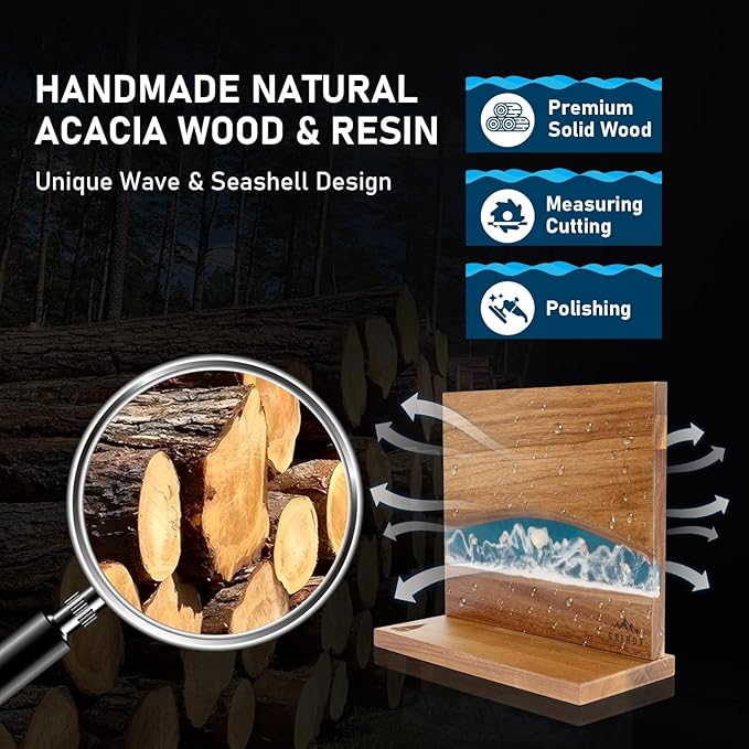 Original Sea Wave Magnetic Knife Block, Double Sided Knife Holder Holds Up To 10 Knives, Wooden Knife Storage Organizer for Counter Top without Knives (12 X 10 Inches)