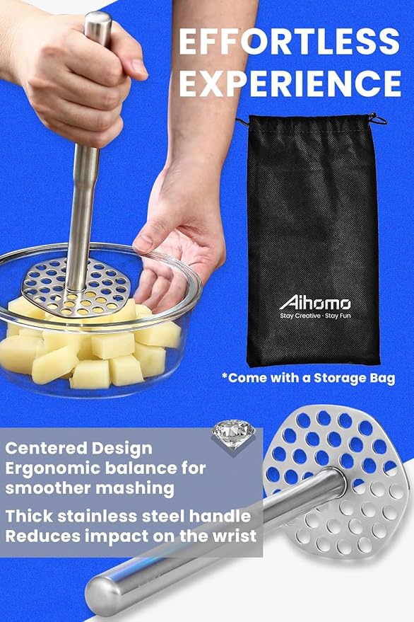 316L Potato Masher Stainless Steel, Sturdy Mashed Potato Masher Kitchen Tool, Solid Integrated Potatoes Smasher for Beans, Avocados, Squash, Dishwasher Safe, 8.8 Inch
