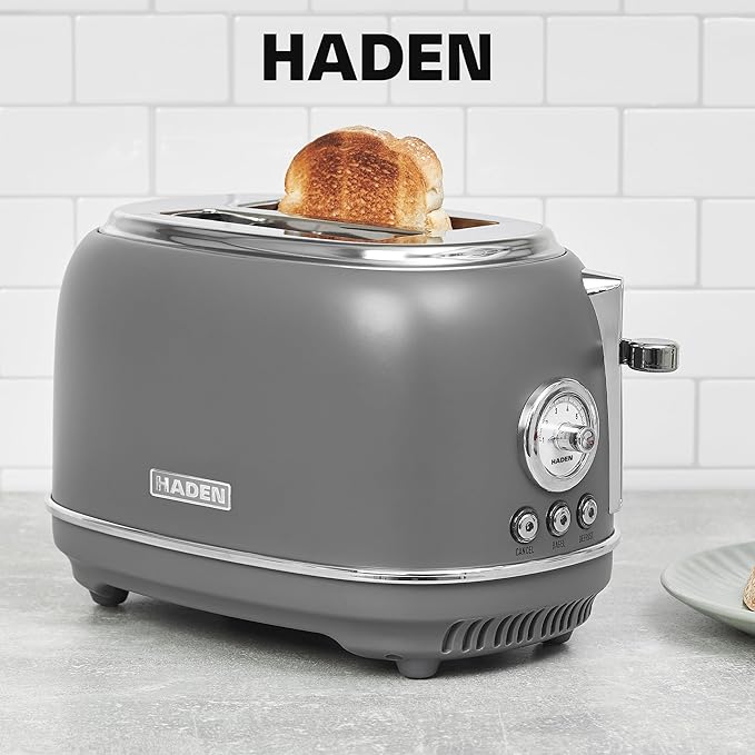 Haden Chelsea 2 Slice Wide Slot Toaster with Adjustable Browning Control, Grey & Chrome