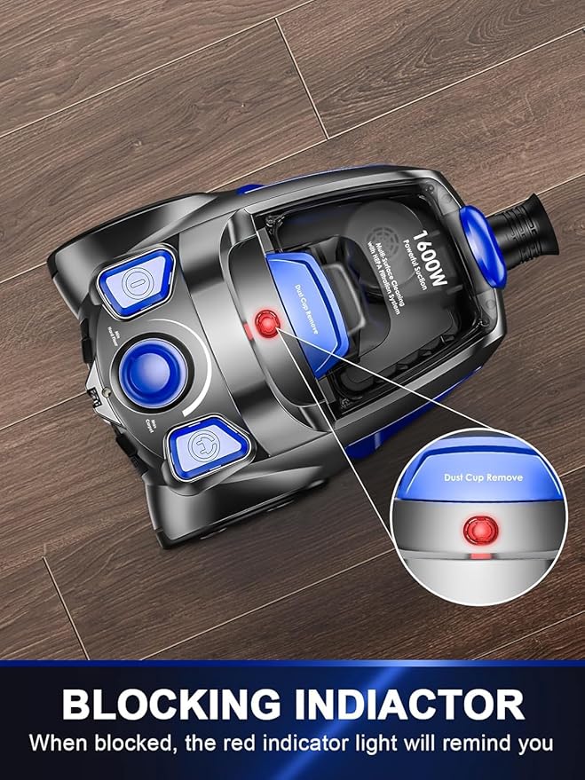 Canister Vacuum Cleaner, 32Kpa 1600W Bagless Vacuum Cleaner, Dust Full Indicator, H13 HEPA Filter, 3.7Qt Large Capacity, Lightweight Vac for Hard Floors, Carpet, Pet, Upholstery, Blue