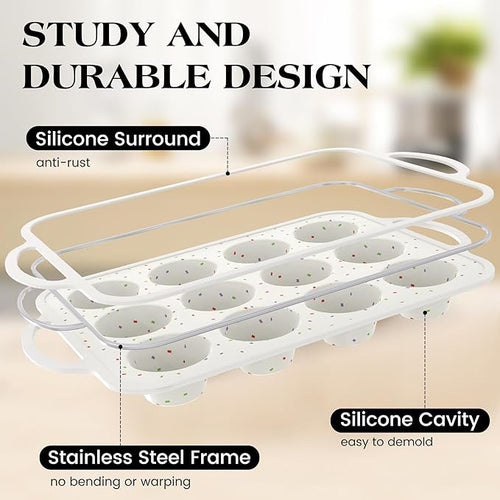 1 Pc Silicone Muffin Pan for Baking with Metal Frame, Nonstick 12 Cup Regular Size Cupcake Pan, Silicone Muffin Tray for Egg Bites (Cream)