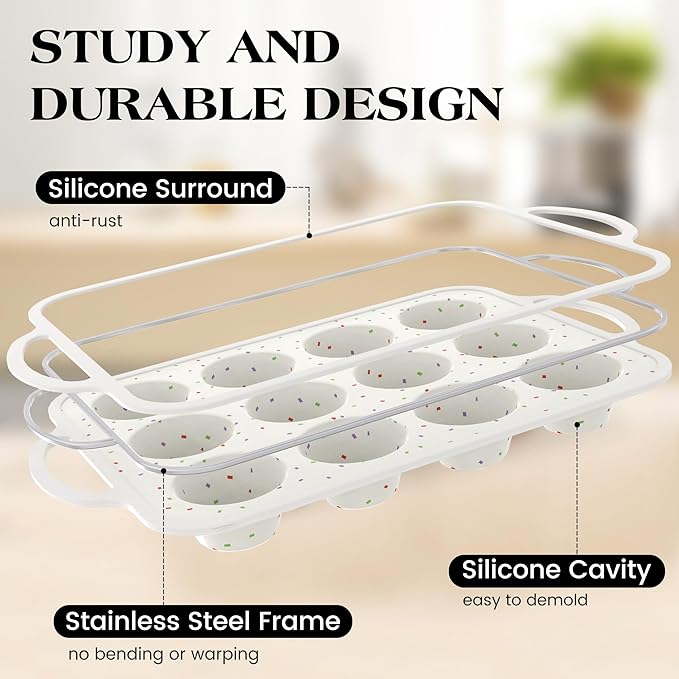 2 Pcs Silicone Muffin Pan for Baking with Metal Frame, Nonstick 12 Cup Regular Size Cupcake Pan, Silicone Muffin Tray for Egg Bites (Cream)