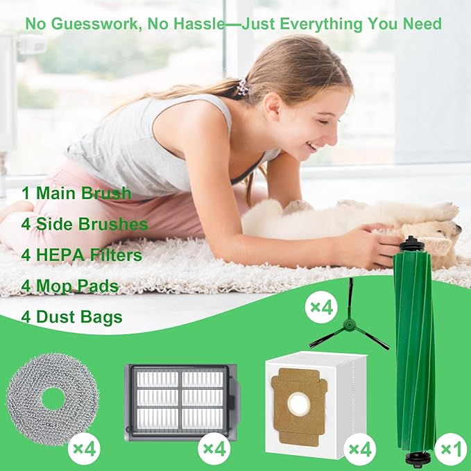 17 PCS Replacement Parts iRobot Roomba Plus 405 Combo/ 505 Combo Robot Vacuum Cleaner, Accessories Kit with 1 Main Brush, 4 Side Brushes, 4 HEPA Filters, 4 Mop Pads, 4 Dust Bags
