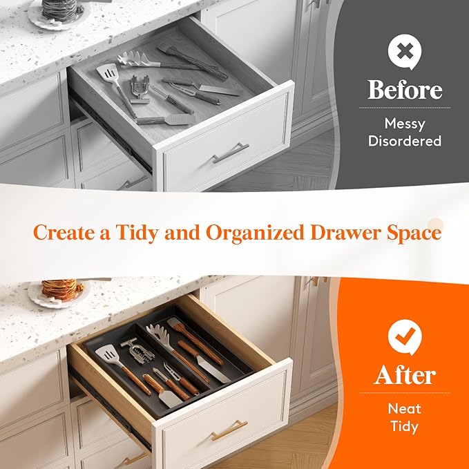 Lifewit Utensil Drawer Organizer, Expandable Cooking Silverware Tray for Kitchen Drawer, Adjustable Cutlery Flatware Holder, Plastic Spatula Tools and Gadgets Storage Divider, 2 Compartments, Black