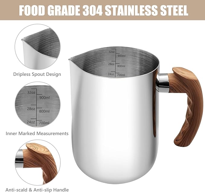 Milk Frothing Pitcher, 32oz Milk Frother Cup 304 Stainless Steel Steaming Pitcher with Art Pen Milk Coffee Jug Cup with Heat-resistant Handle and Scale