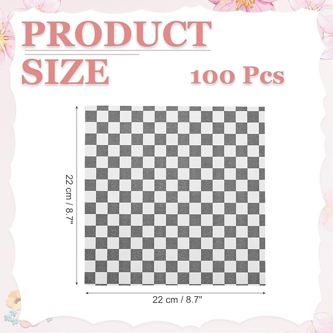 PATIKIL 8.7" x 8.7" Waxed Paper Sheets, 100Pcs Square Pattern Oil-absorbing Dry Food Wrapping Paper for Bakery Coffee Shop Home Baking Kitchen DIY, Black