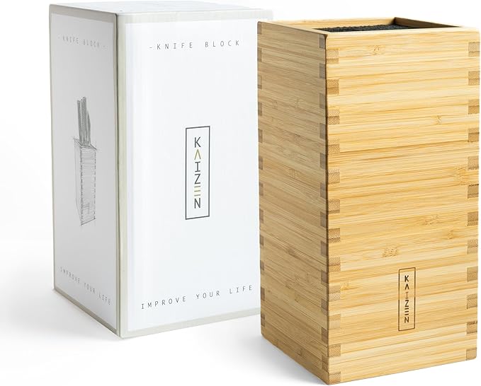 KAIZEN Bamboo Knife Block Without Knives - Perfectly Sized Universal Knife Holder for Knives, Scissors - Unique Knife Storage for Counter Top with Anti-Slip Base (Natural Wood)
